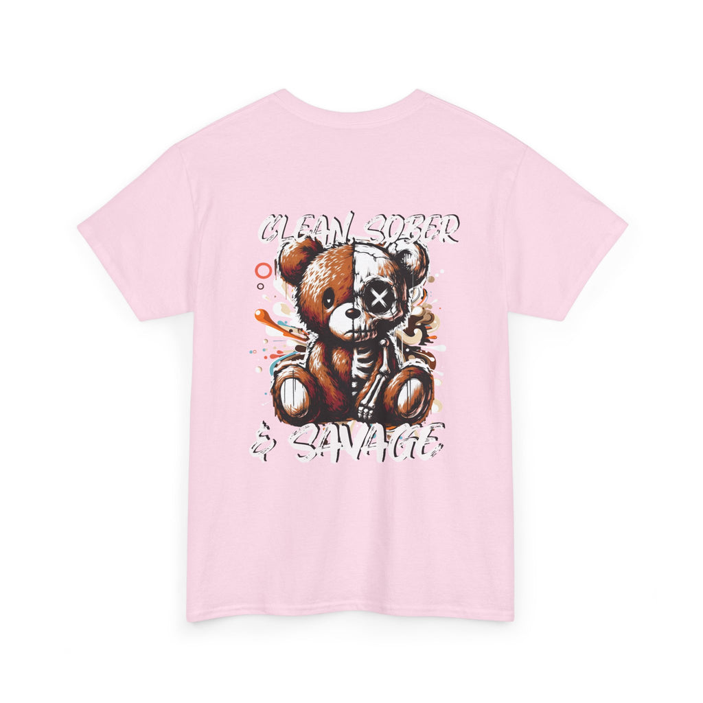 (DESIGN PRINT ON BACK)  Unisex Heavy Cotton Tee with Clean, Sober & Savage Graphic, Retro Bear Design Tee, Casual Streetwear Shirt, Gift for Him/Her, Summer Outfits